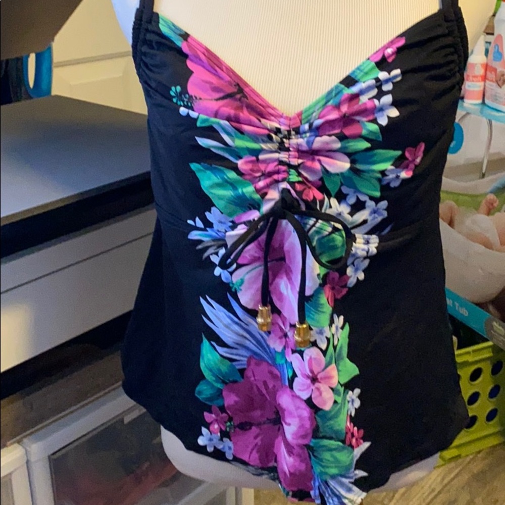 Coral reef floral and black tankini